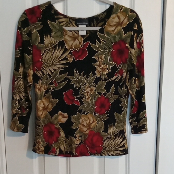 Brittany Black Tops - Brittany Black Floral Long Sleeve Top - Red and Gold on Black